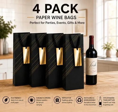 Vista 6 de Paquete de 4 bolsas de regalo de vino reutilizables, 4 x 4 x 14 pulgadas, bolsas de papel para botellas de vino