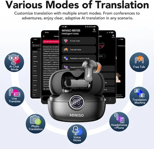 Vista 4 de MINISO MS105 Auriculares de Traducción AI en Tiempo Real, Auriculares Traductor Soportan 134 Idiomas con APP, Auriculares Traductor Bluetooth 6.0