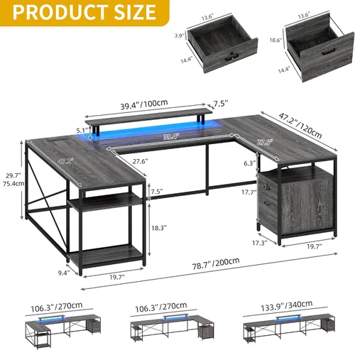 Vista 2 de DWVO Escritorio en forma de U con cajones 79" Reversible L Shaped Desk with Power Outlets & LED Lights, Corner Computer Desk with Monitor Stand &