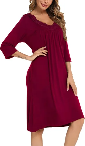 Vista 4 de YYA Nightgowns for Women 34 Sleeve Sleepwear Lace Comfy Sleep Gowns Pleated V Neck Plus Size Nightshirt S-4XL