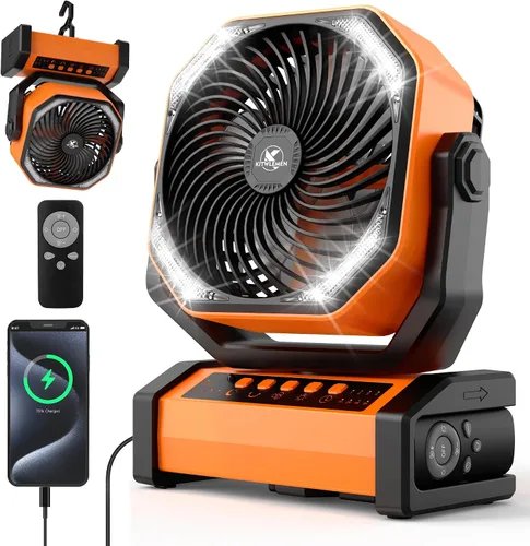Vista 14 de KITWLEMEN - Ventilador de camping con luz - Ventilador recargable de 20,000 mAh con batería, tiempo máximo de funcionamiento de 60 horas, 4