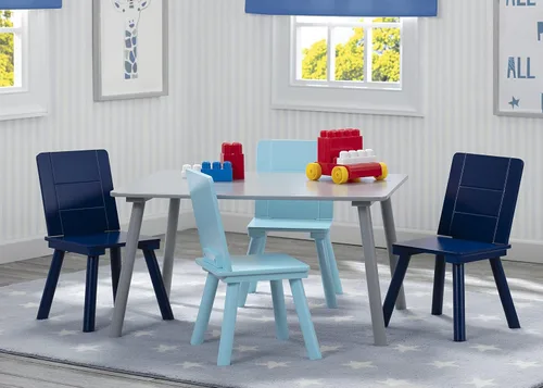 Vista 3 de Delta Children Juego de mesa y silla para niños (4 sillas incluidas), gris/azul y caja de juguetes de lujo MySize, certificado Greenguard Gold, azul