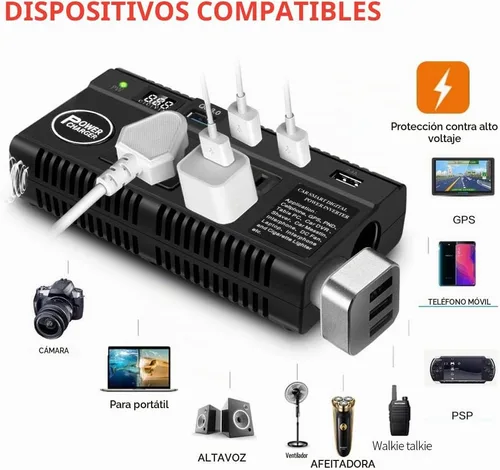 Vista 3 de Inversor de corriente para automóvil de 120 W, 12 V, 24 V CC a 110 V CA, 4 puertos USB, adaptador de cargador de coche con 3 salidas de CA