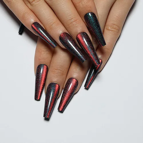 Vista 7 de Uñas postizas a presión largas, con brillo azul y diseño, acabado acrílico brillante, de cobertura completa, uñas postizas reutilizables para l002