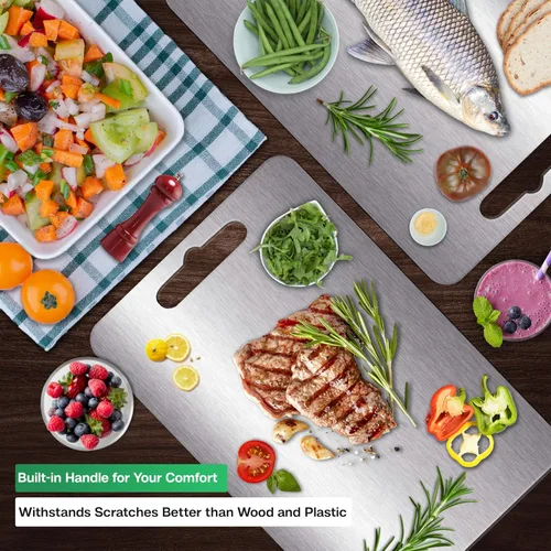 Vista 5 de Tablas de cortar de acero inoxidable para cocina, acero inoxidable 304 de grado alimenticio, tabla de cortar no tóxica de doble cara, tablas