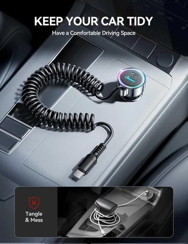 Vista 6 de Cargador de Coche USB C 90W para iPhone 17/16 Pro Max, PD & QC3.0 con Cable Enrollado de 45W de 5 pies, Adaptador de Carga Rápida para Coche