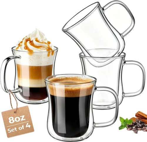 Vista 13 de ecooe Juego de 2 tazas de café de doble pared de 4 onzas, tazas de café de vidrio transparente con asa, taza de café aislada de borosilicato Clear