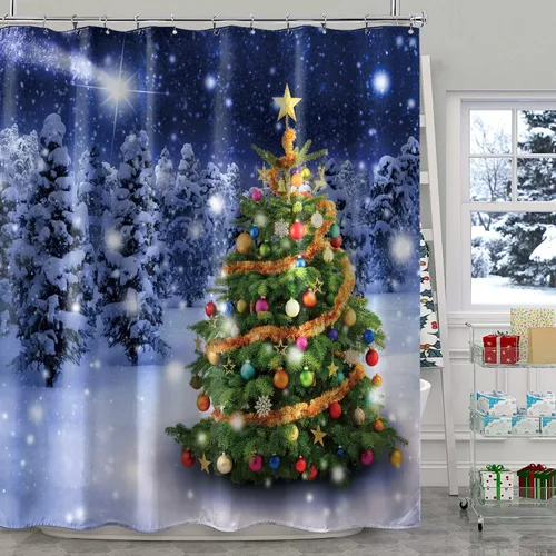 Vista 2 de Cortina de Ducha Navideña, Cortina de Ducha Azul Bosque Invernal con Nieve, Cortina de Ducha de Tela de Pino de Navidad con Regalos para Baño, 72 ×
