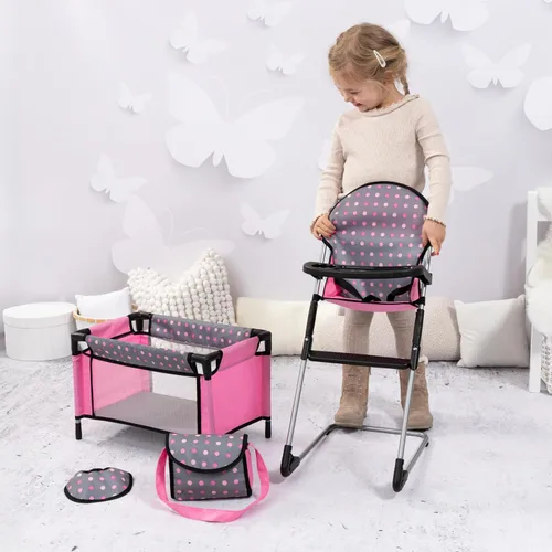 Vista 3 de Bayer Set de Trona/Cuna para Muñecas, Gris, Rosa con Puntos Nurturing Caregiving Set for 18 Inch Dolls with Travel Bag, Bib, Integrated High Chair