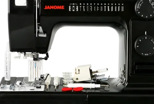 Vista 2 de Máquina de costura industrial con cuerpo de aluminio HD1000 edición en color negro con caída de 14 hileras, ojal de 4 pasos, enhebrador de agujas