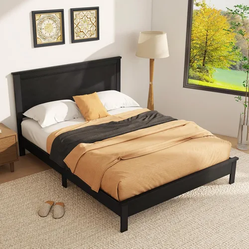 Vista 12 de KOMFOTT Armazón de Cama de Plataforma de Madera Tamaño Twin con Cabecero, Cama de Plataforma de Madera de Mediados del Siglo con Soporte de Listones