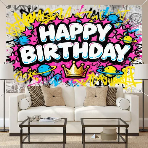 Vista 4 de IVN Pancarta de decoración de cumpleaños, graffiti, tema de galaxia, telón de fondo de 71 x 43 pulgadas con letras de burbujas blancas, estrellas