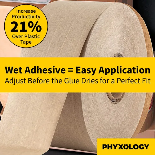 Vista 6 de Cinta ultra duradera activada por agua para un embalaje seguro. La cinta de goma kraft marrón de 2.75 pulgadas y 450 pies proporciona adhesivo