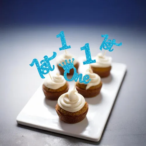 Vista 7 de 24 adornos para cupcakes de primer cumpleaños con purpurina para decoración de pastel de primer cumpleaños, selecciones de cupcakes para niños, baby