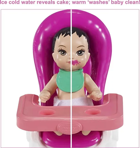 Vista 7 de Barbie Skipper Babysitter Inc - Juego de alimentación de cumpleaños con muñeca Skipper, muñeca de bebé que cambia de color, silla alta y accesorios
