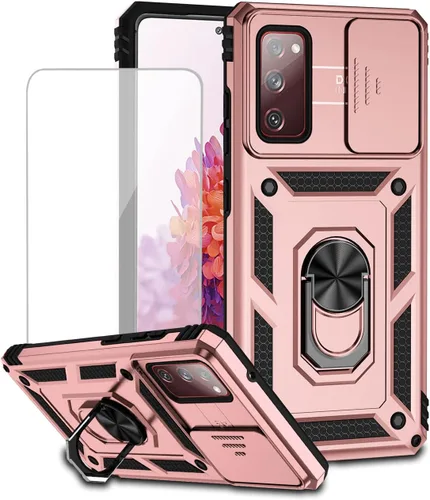 Vista 10 de Funda para Galaxy S20 FE 5G, Samsung S20 FE SM-G781U con protector de pantalla de vidrio templado y cubierta de cámara deslizante, anillo magnético