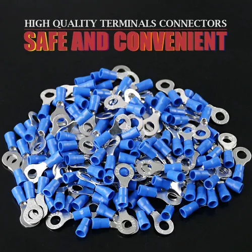 Vista 3 de Hilitchi 100 conectores de crimpado de cables eléctricos de anillo aislado 16-14AWG (azul, M6)