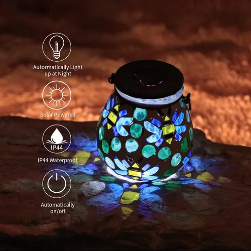 Vista 5 de Afirst - Faroles de mosaico para exteriores, luces solares colgantes de cristal, abejas, impermeables, decorativas para exteriores, jardín, patio
