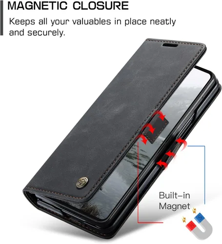 Vista 3 de Funda tipo cartera para Samsung Galaxy Z Fold 7 de piel con tarjetero y función atril, cierre magnético, bloqueo RFID, TPU a prueba de golpes, Negro