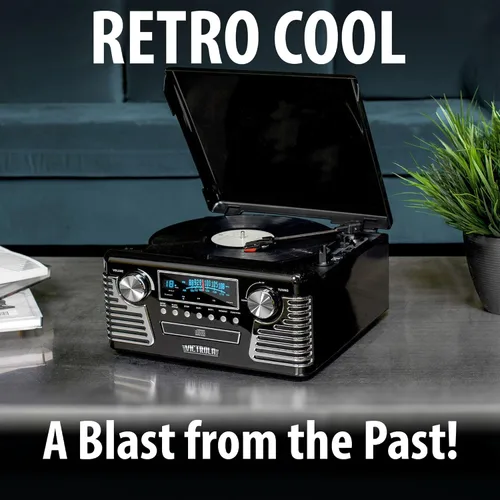 Vista 5 de Victrola Haley - Tocadiscos retro con Bluetooth y centro multimedia con altavoces integrados - Tocadiscos de 3 velocidades, reproductor de CD, radio