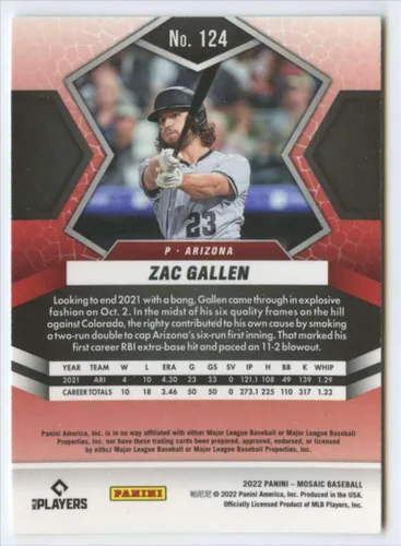 Vista 2 de 2022 Panini Mosaic #124 Zac Gallen Arizona Diamondbacks Baseball Trading Card