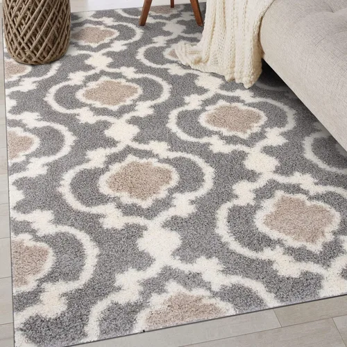 Vista 13 de Alfombra de área peluda para interior, cómoda, estilo entretejido marroquí, Polipropileno, Gris/Crema