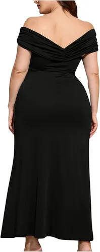 Vista 4 de Cocktail Dresses for Women Evening Party - Plus Size Off Shoulder Leg Split Dress Solid Elegant Maxi Long Dress Black