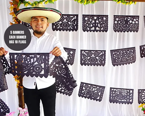 Vista 5 de Pancartas de papel picado negras, decoraciones de fiesta, pancarta de fiesta mexicana, banderines, guirnaldas, serpentinas para bodas, quinceañeras