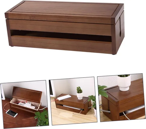 Vista 3 de Lurrose Diseño de cubo de caja de almacenamiento de cables de madera para organizar enchufes y cables Solución grande de gestión de cables marrones