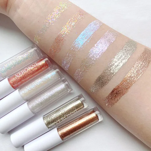 Vista 4 de Juego de maquillaje de lentejuelas líquidas en gel holográfico y delineador de ojos plateado, 2 piezas, resaltador líquido brillante, resistente al