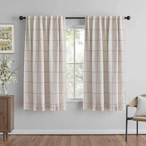 Vista 22 de MYSKY HOME Cortinas de Lino a Cuadros 100% Opacas de 45 Pulgadas de Largo de Doble Capa Estilo Granja con Aislamiento Térmico Estampado a Cuadros