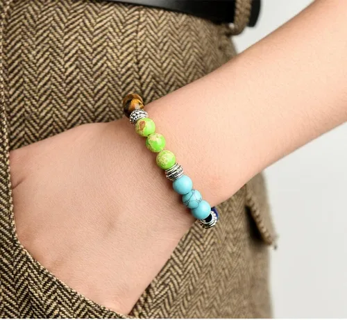 Vista 5 de Pulsera de cuentas de siete chakras de moda natural aleación melocotón corazón cadena ágata cristal Strand