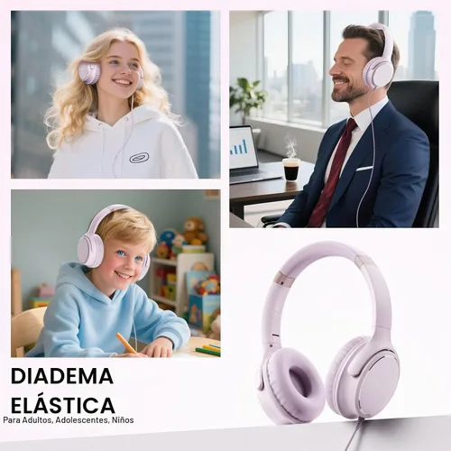 Vista 4 de Auriculares con cable USB C sobre la oreja con micrófono, control de volumen, puerto compartido y diadema ajustable, auriculares estéreo plegables