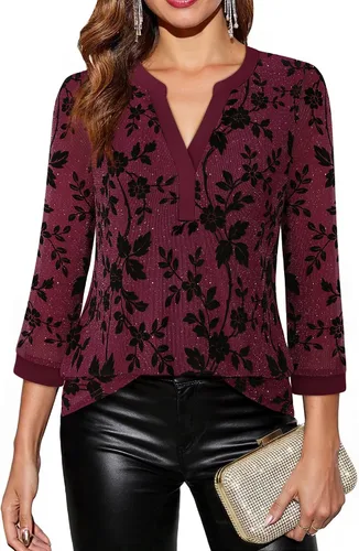 Vista 21 de Timeson - Blusas de manga de 3/4 para mujer, estilo casual, con cuello en V, camisas largas de vestir de doble capa, de malla Negro