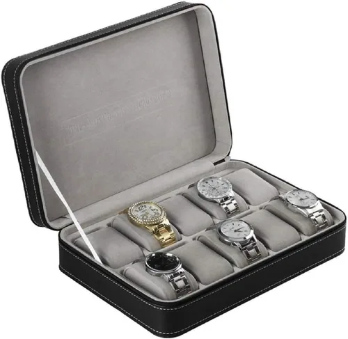 Vista 4 de Caja de reloj portátil organizador de cuero PU ataúd con cremallera estilo clásico 10 rejillas multifunción pulsera pantalla caso