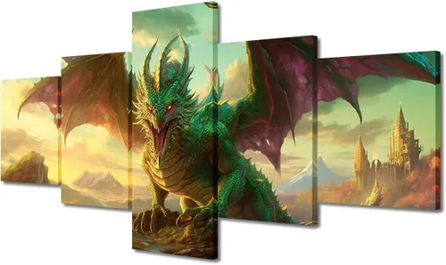 Vista 18 de Lienzo decorativo para pared de sala de estar, lienzo de dragón, 5 paneles, dragón verde, decoración de pared para el hogar, decoración de pared
