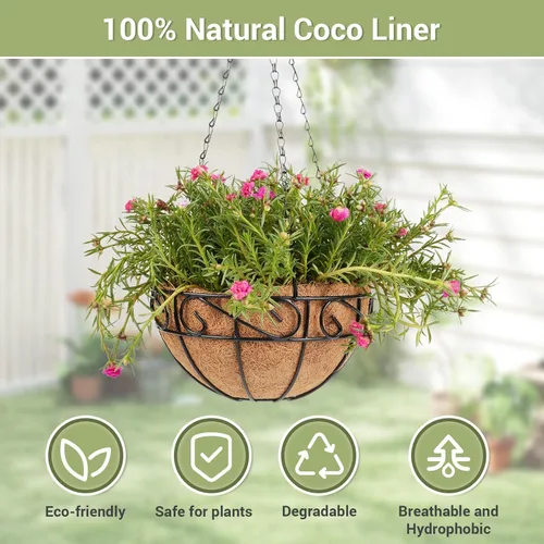Vista 3 de Paquete de 2 cestas colgantes de metal de 10 pulgadas para plantas al aire libre, macetas colgantes con forro de coco, cestas colgantes para jardín