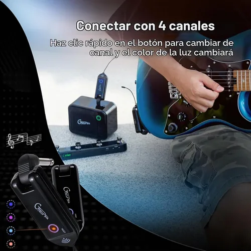 Vista 2 de GTRS GWU4 UHF Sistema de guitarra inalámbrica 4 canales de señal, transmisor y receptor recargable, coincidencia automática, baja latencia, rango