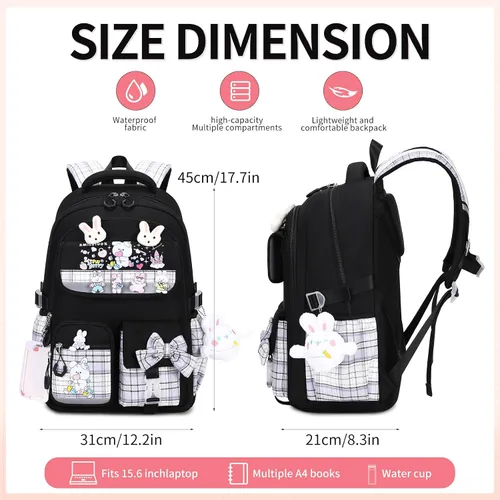 Vista 2 de Linda mochila para niñas, mochila escolar para niñas, mochila para niños y escuela primaria, Negro -, Grande, Mochila para niñas