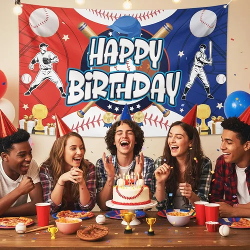 Vista 5 de Telón de fondo de cartel de feliz cumpleaños de béisbol, decoraciones de fiesta de béisbol, fondo de fotos de vinilo, suministros de fiesta