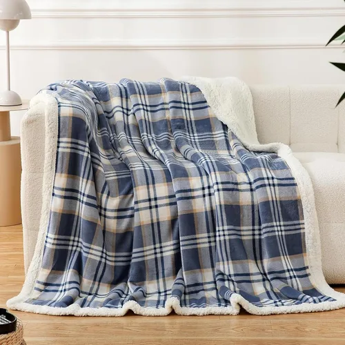 Vista 21 de PU MEI Manta Sherpa Individual a Cuadros Gruesa para Cama, 60"*80" Franela Súper Suave Difusa Forro Polar Reversible Terciopelo Afelpado Manta