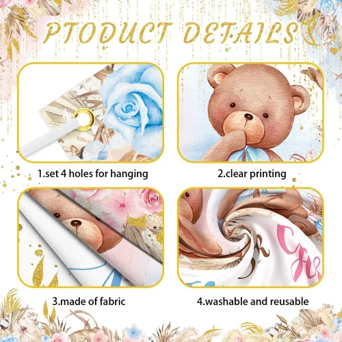 Vista 3 de AIBIIN Pancarta de revelación de género de oso bohemio, telón de fondo para niño o niña, para baby shower, suministros de decoración de fiesta