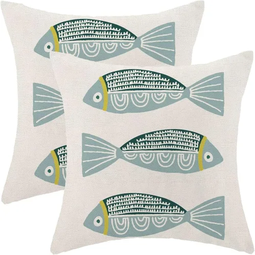 Vista 8 de AEIOAE Fundas de Almohada Costeras de 16 x 16 Pulgadas Juego de 2, Fundas Decorativas de Lino con Estampado de Peces Azules de Playa Oceánica