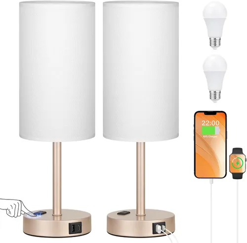 Vista 13 de Juego de 2 lámparas de mesa táctiles para dormitorio en blanco, lámparas de noche regulables de 3 niveles con puertos USB C y A, lámparas de mesita