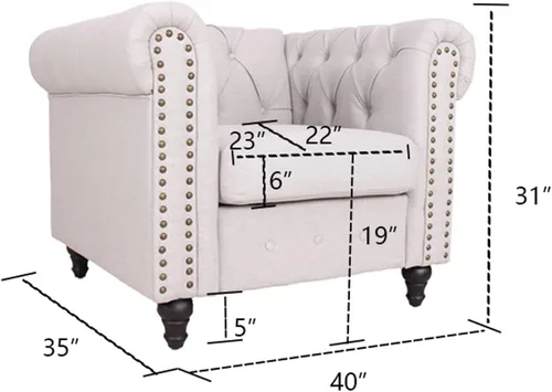 Vista 3 de Hybition Silla de lino tradicional Chesterfield Sofá individual con decoración de remaches y patas de madera para sala de estar, color gris claro