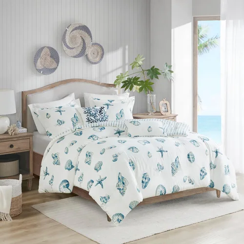 Vista 12 de Harbor House Maya Bay - Juego de funda de edredón de 3 piezas, 100% de algodón ligero, tamaño king, diseño de litoral con conchas marinas y Coral