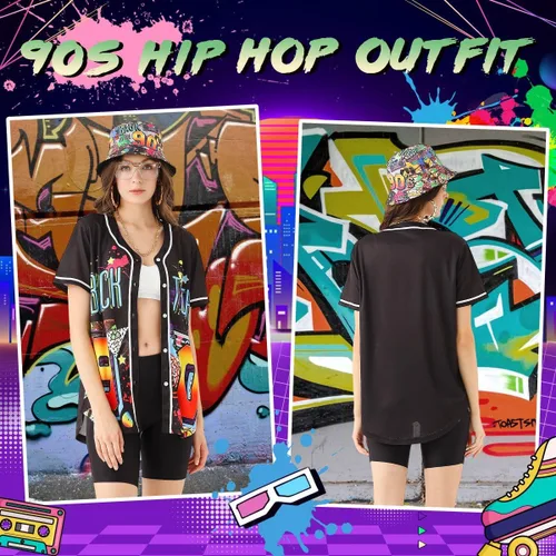 Vista 4 de Traje de los años 80 y 90 para mujer, disfraz unisex de hip hop, camiseta de béisbol, pantalones de yoga, sombrero de pescador, cadena dorada