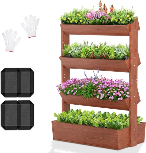 Vista 9 de DoCred Cama de jardín vertical elevada de madera, 4 niveles mejorados, soporte de madera independiente para plantas, hierbas, flores, verduras