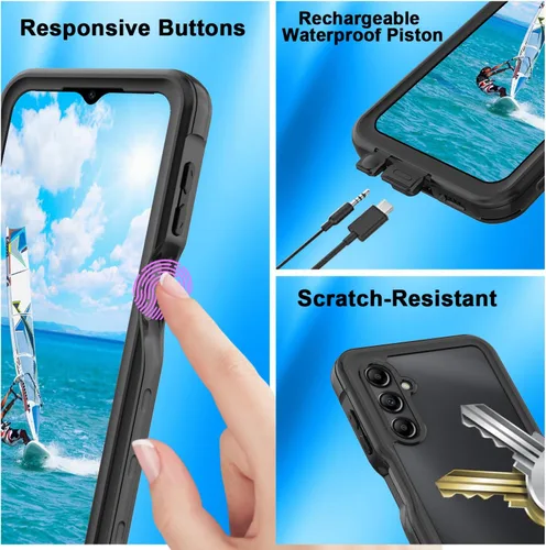 Vista 4 de Funda impermeable para teléfono Samsung Galaxy A14 5G, protector de pantalla con correa, protector de cuerpo completo, resistente a prueba de golpes