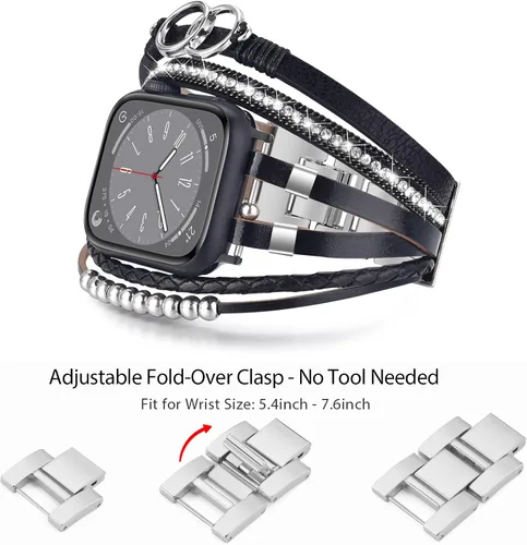 Vista 3 de MOFREE - Pulsera de cuero boho compatible con Apple Watch Band de 38, 40, 41 mm, pulsera de cuentas multicapa hecha a mano para Apple Watch, correa